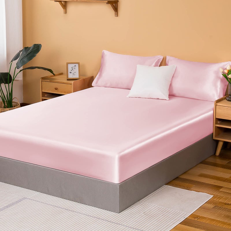 NSGZ Pink Satin Fitted Sheet Only  Silky Full Fitted Bed Sheet Soft Deep Pocket Single Bottom Bed Sheets  Wrinkle Free & Fade Resistant & Breathable Bedding Fitted Sheet Sold Separately - Image 1